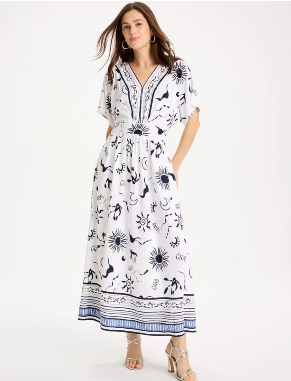 Chico's Slub Flutter Sleeve Vacation Maxi Dress Sun Moon Print Size 1 M